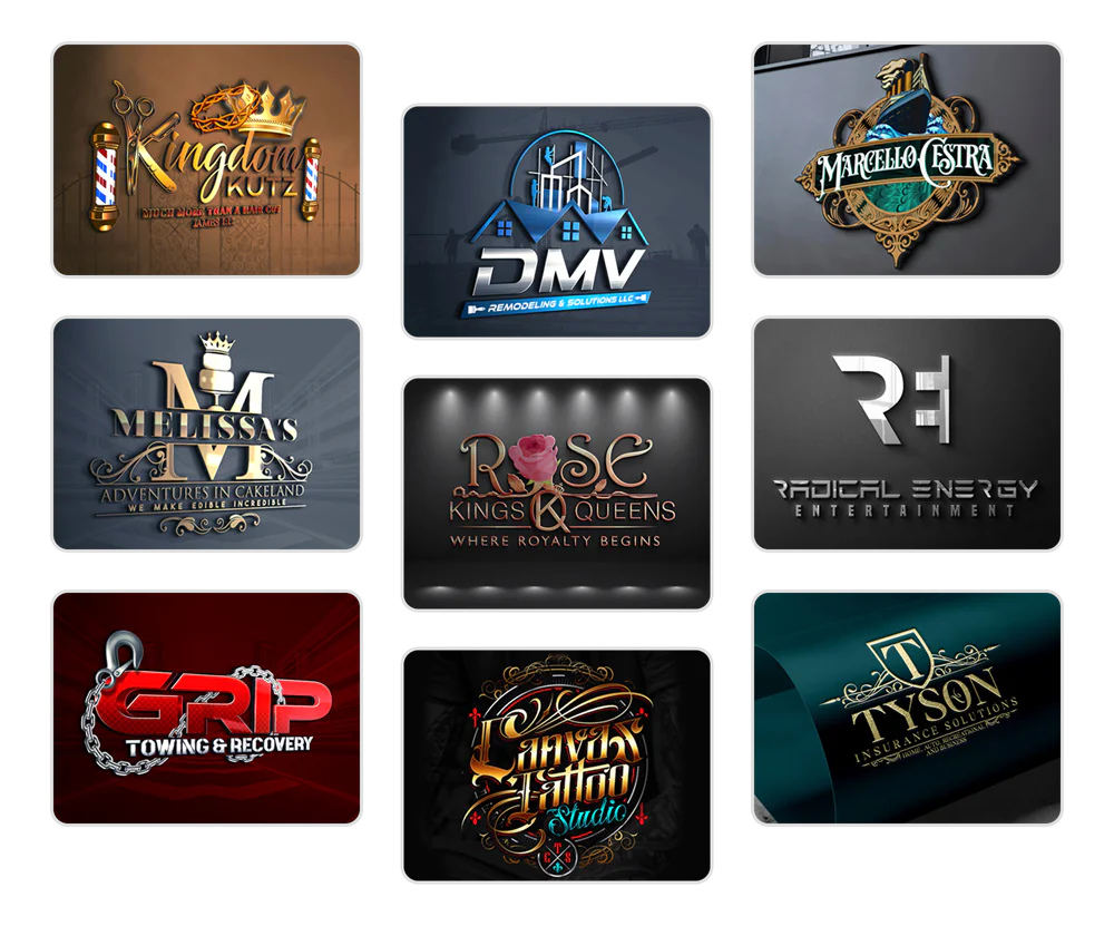 Examples of custom logo designs by The Business Toolkit, showcasing unique and professional logos for various brands, including barbershops, remodeling services, entertainment companies, bakeries, towing services, tattoo studios, and insurance agencies
